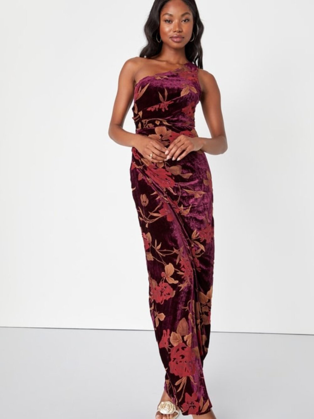 Lulus Unreal Awe Burgundy Floral Burnout Velvet One-shoulder Dress Red - Size L